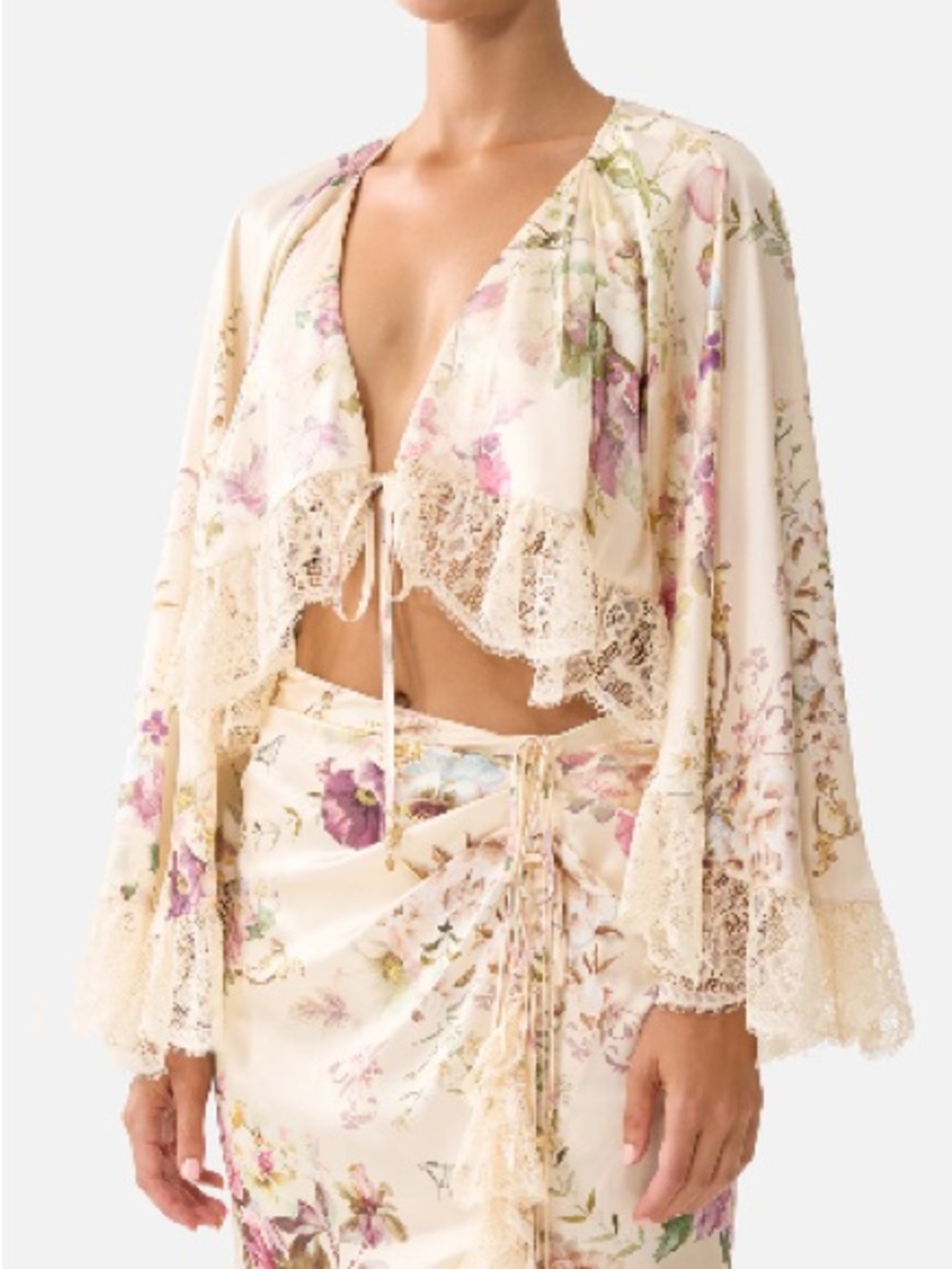 Set for sale! No separation! Camilla Cream Floral Lace-Trim Tie-Front Robe Top